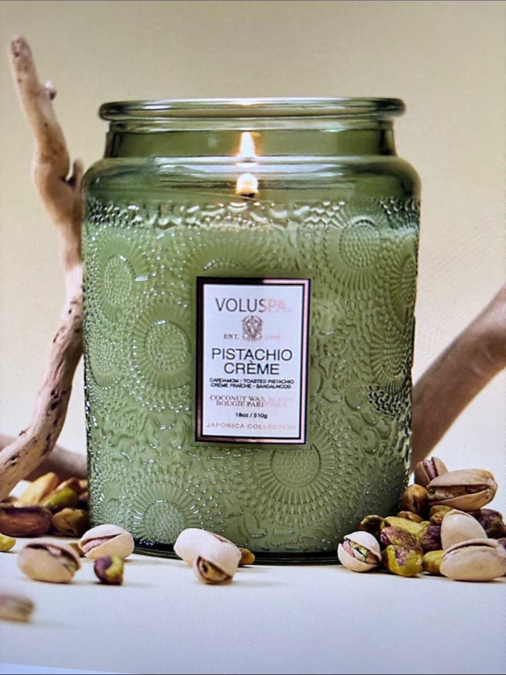 Voluspa Gourmand Pistachio Crème Glass Candle 18Oz. NEW